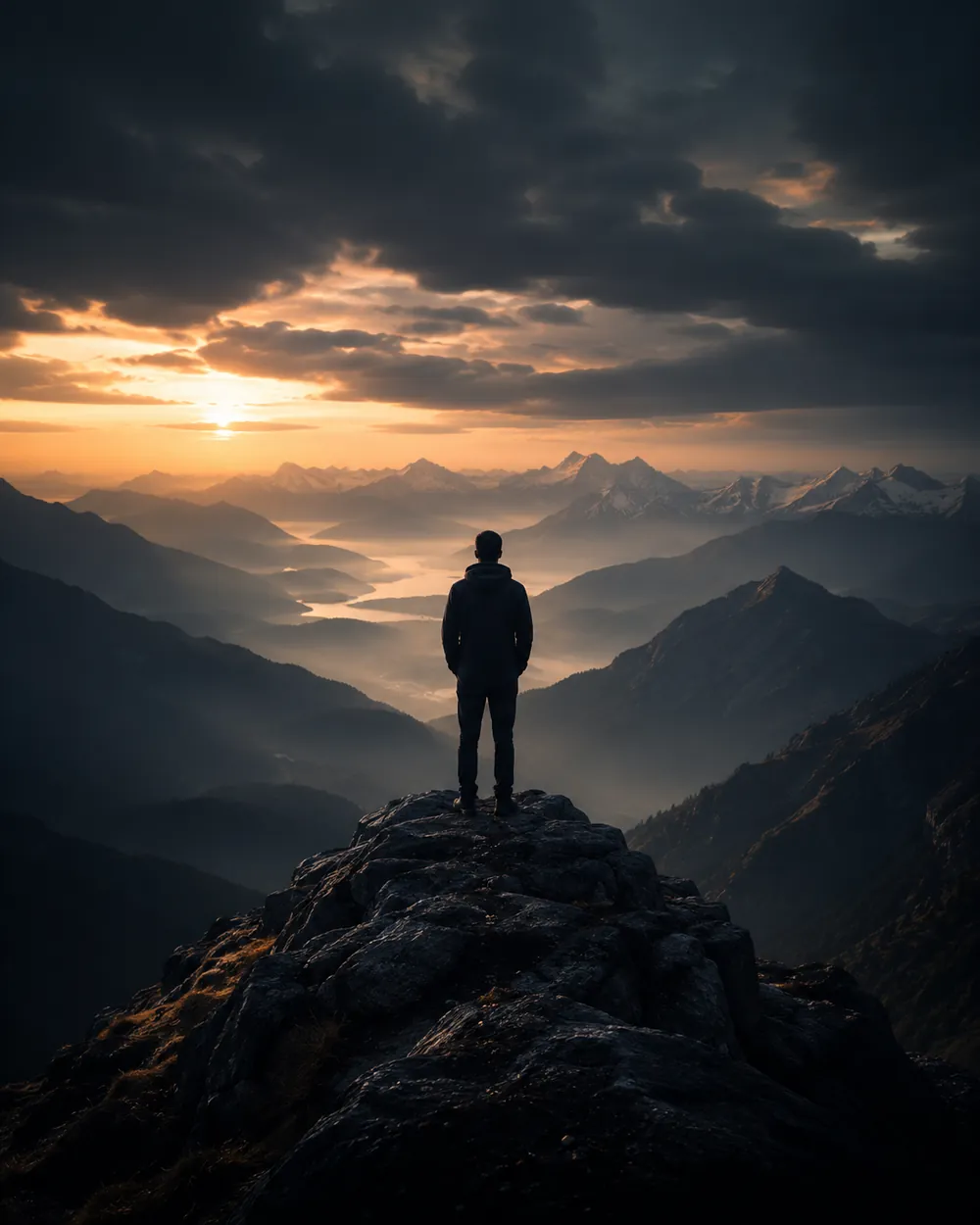 A man standing on a mountain summit under a dark sky