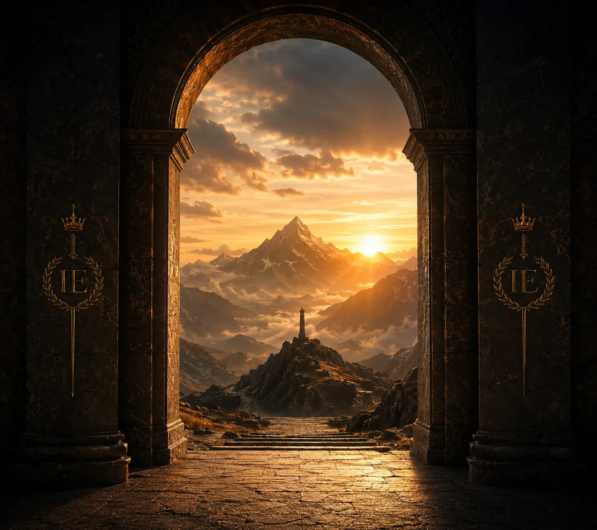 A dark doorway opening toward golden mountain light